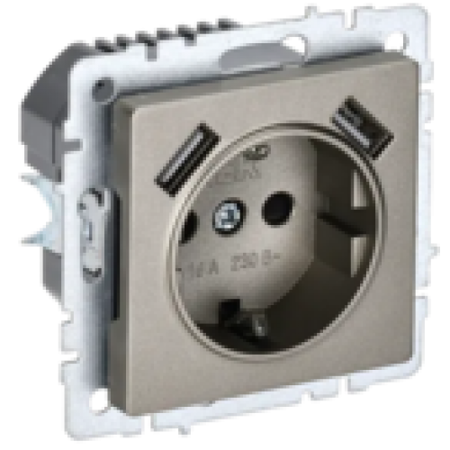 IEK BRITE Розетка 1-местная с заземлением с защитными шторками 16А с USB A+A 5В 2,1А РЮш10-1-БрШ шампань (BR-R14-16-U21-D21-K37)