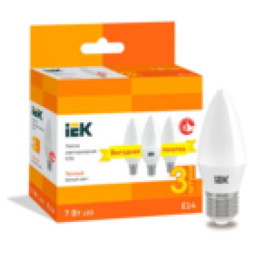 IEK Лампа светодиодная C35 свеча 7Вт 230В 3000К E14 (3шт/упак) (LLE-C35-07-230-30-E14-3)